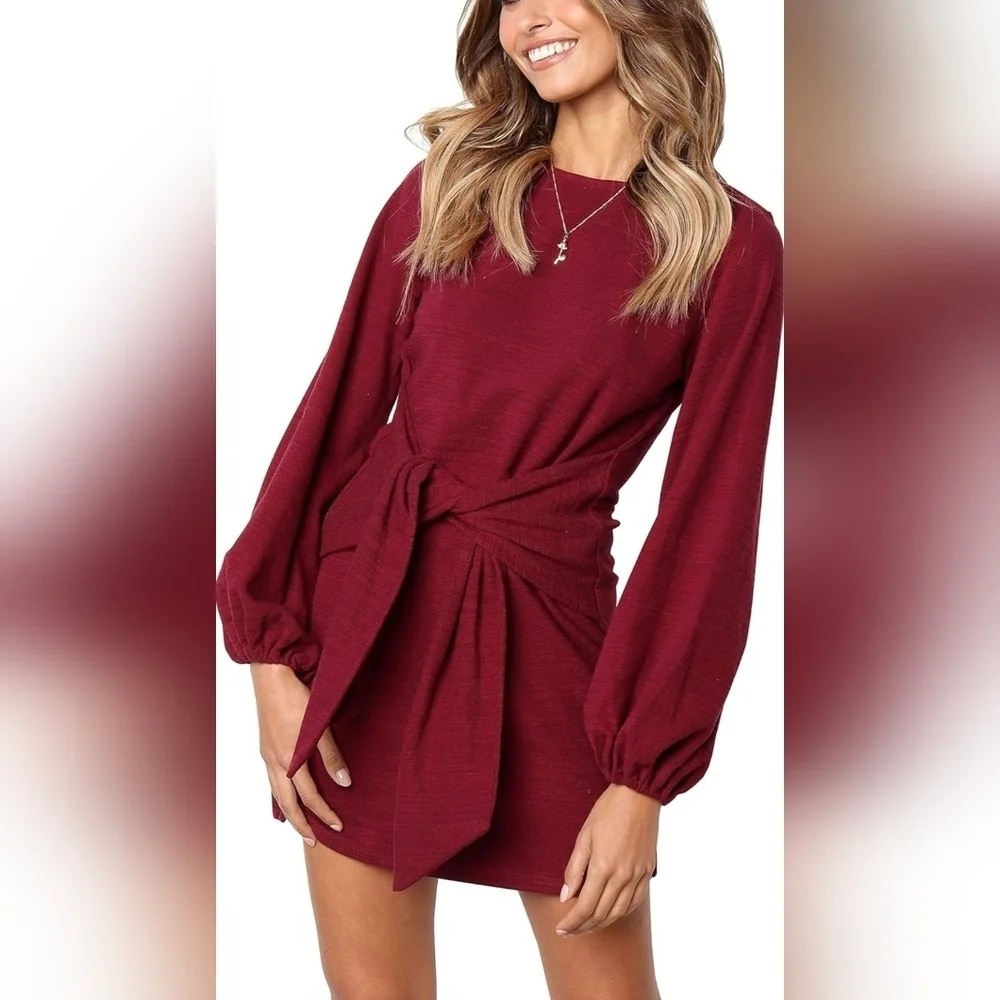 R.Vivimos Burgundy Tie Waist Sweater Dress